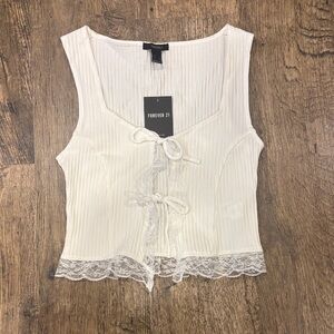 Forever 21 Cream Lace-Trimmed Tie-Front Top